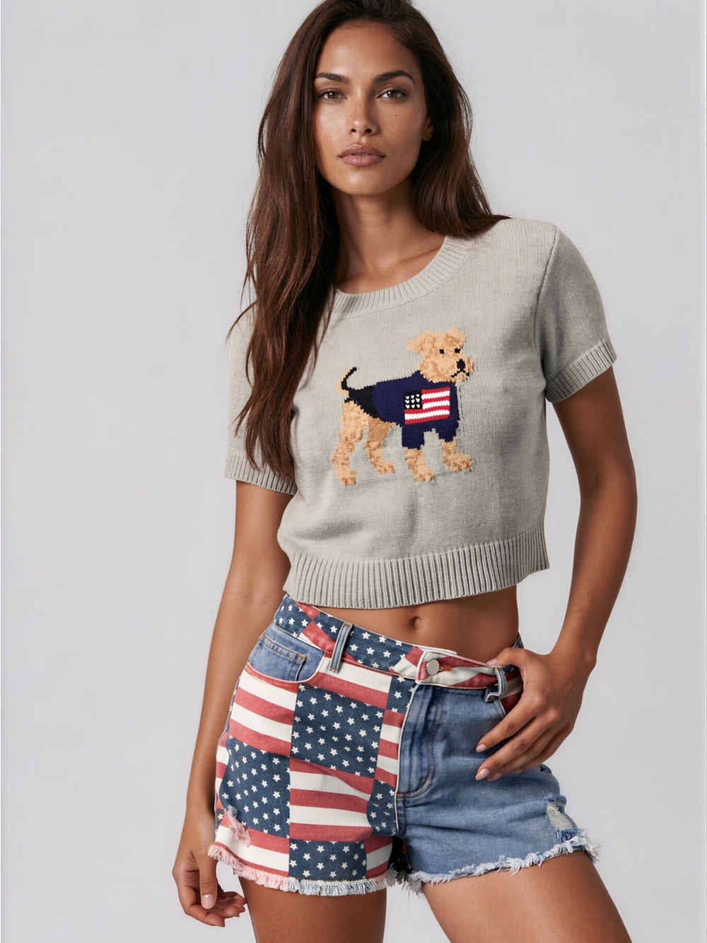 Le Lis Light Gray Cropped Knit PATRIOTIC PUPPY SWEATER Top with Dog - Picture 1 of 6